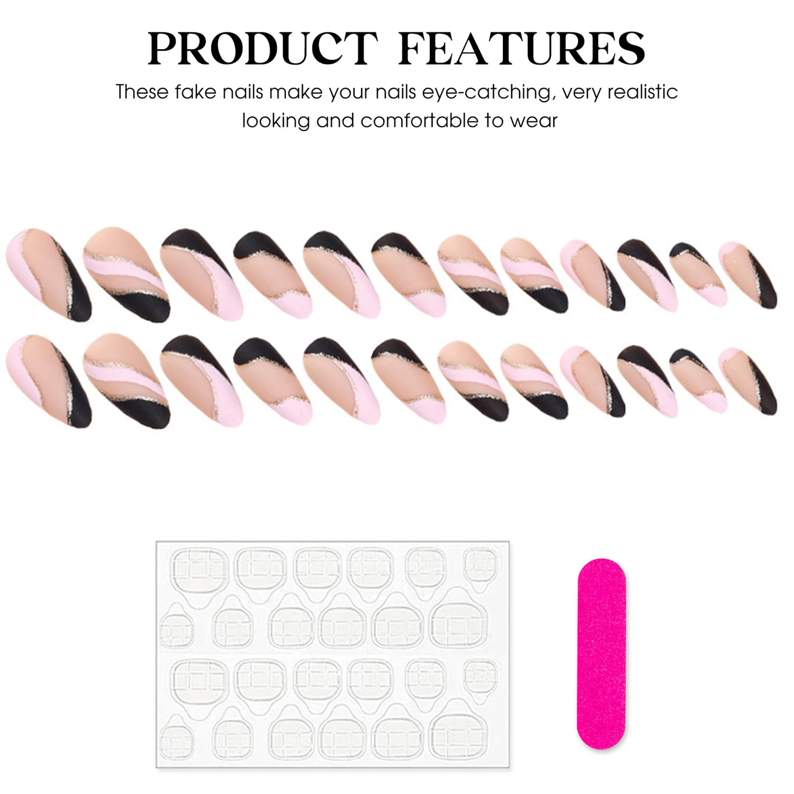 French Nude Fake Nails with Pink Black Decor Charming Comfortable to Wear Manicure Nails for Stage Performance Wear