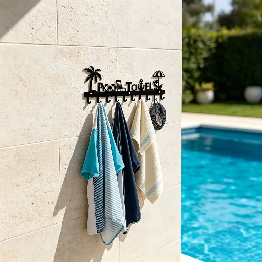 Wrought Iron Wall-Mounted Hook Rack for Poolside (Towels, Swimwear, Swim Caps) – 10-Hook Outdoor Patio Organizer – Ideal for Villa Poolside Decor & Seaside Vacation Style view 4