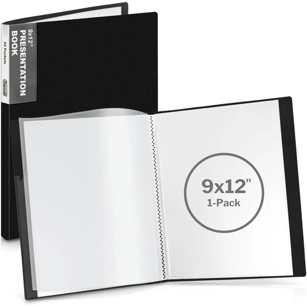 

9x12 Presentation Book (Black), 24-Pocket Folder with Plastic Sleeves, Displays 48 Pages pf 9 x 12 or A4 Documents, Certificate