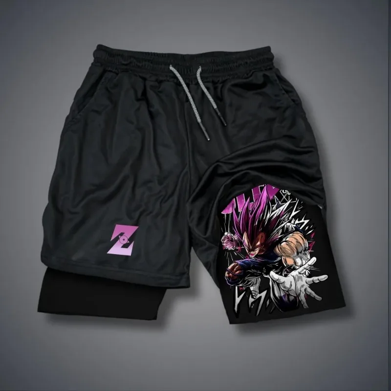 Pantalones cortos de entrenamiento Dragon Ball Z Vegeta Super Saiyan Art muslo derecho cara púrpura efectos de llama lado izquierdo M Logo cintura ajustable