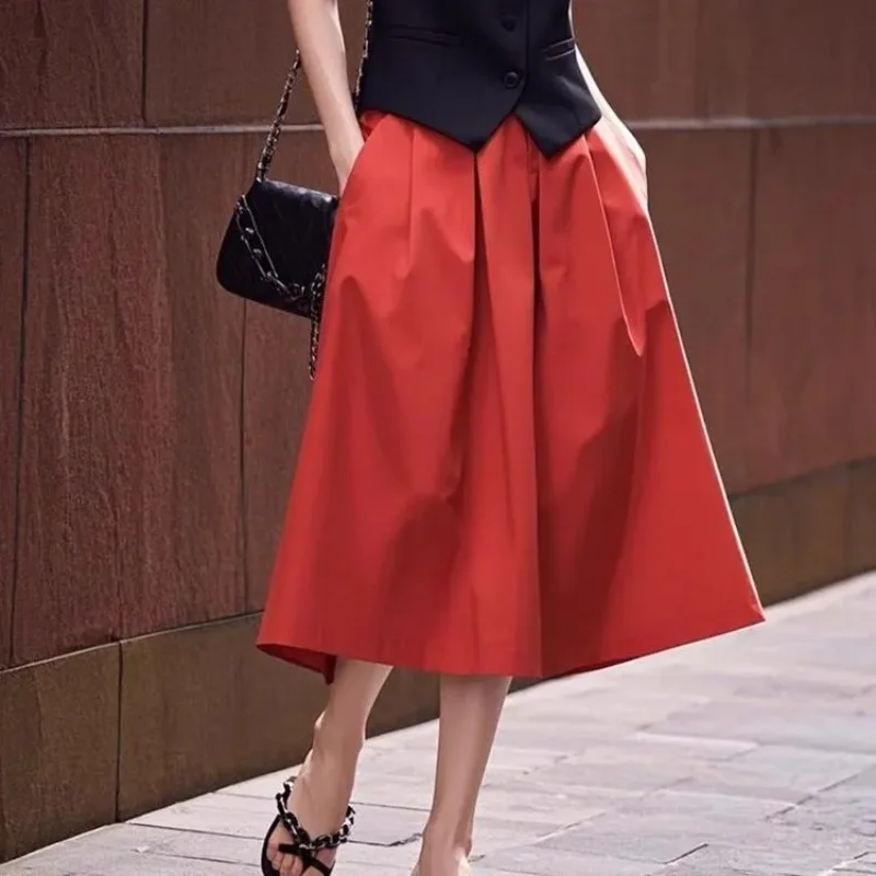 

Женская красная юбка-миди с высокой талией, расклешенная, плиссированная, для офиса и повседневной носки