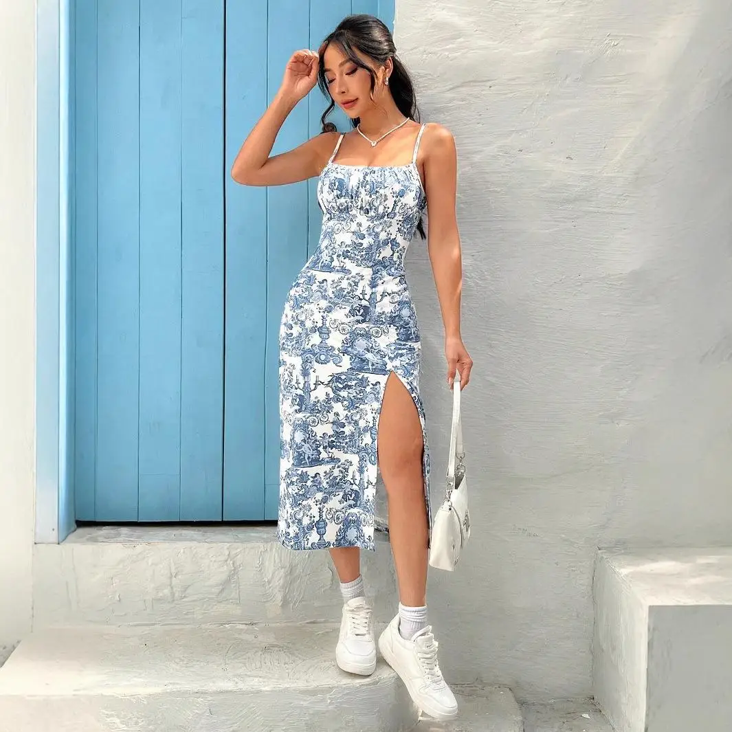 Printemps été nouveau Sexy Slim Fit femmes Dr avec fente bretelles longue robe décontracté Sle taille moyenne t-shirt acétate Fiber 00%