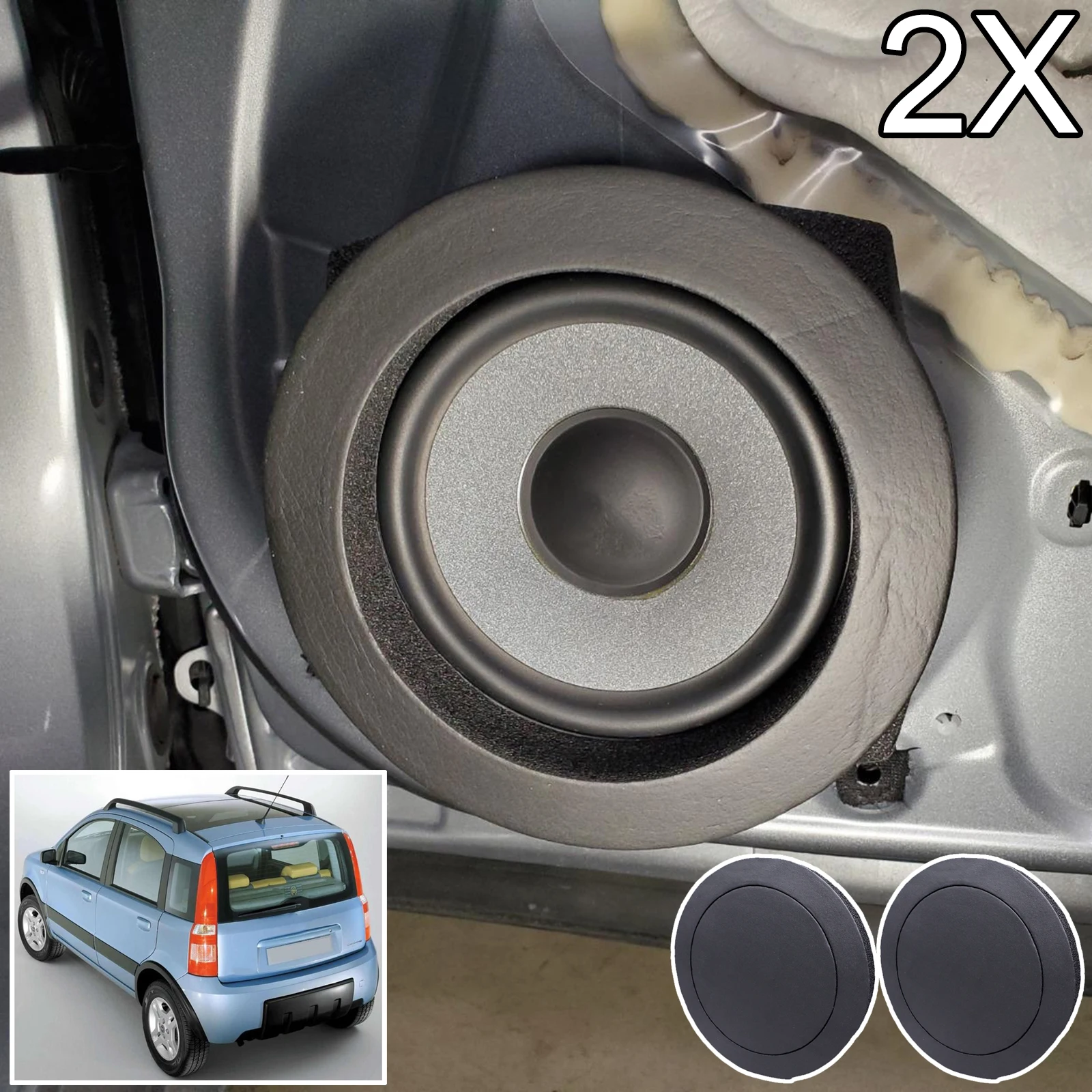 2x Speaker Ring Bass Door Trim Sound Audio Insulation 6.5” For Fiat Panda (169) Mk3 2004 2005 2006 2007 2008 2009 2010 2011 2012