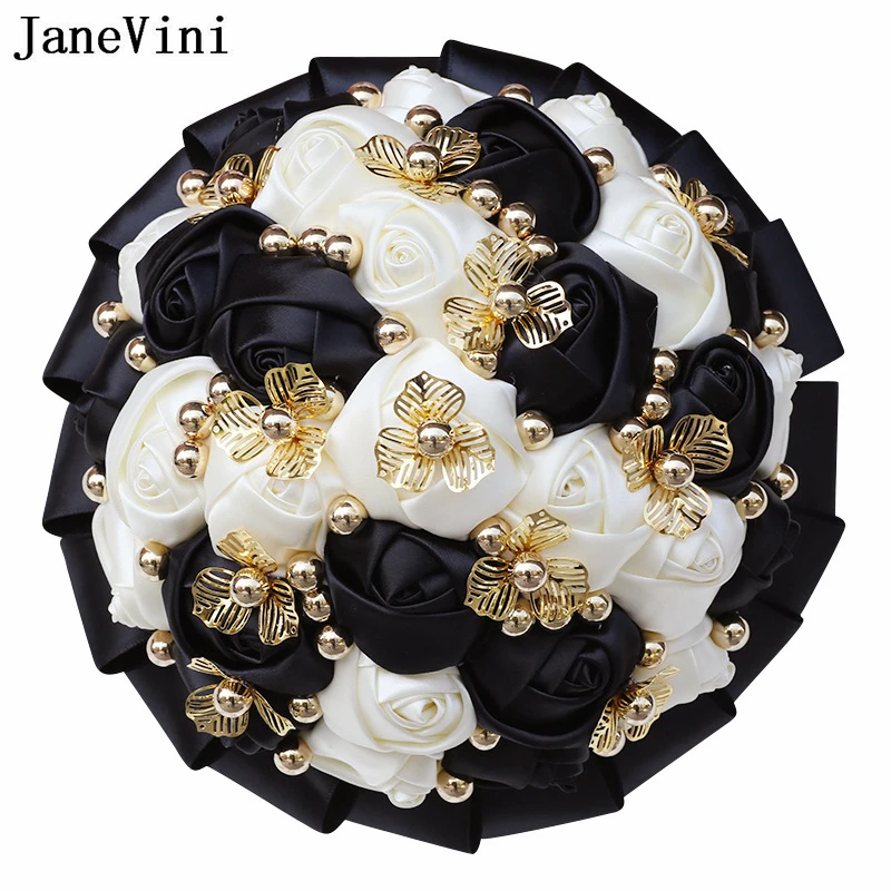 JaneVini Luxury Wedding Flowers Bridal Bouquets with Gold Decoration Pearls Black Roses Wedding Bouquet Novia Bride Accessories