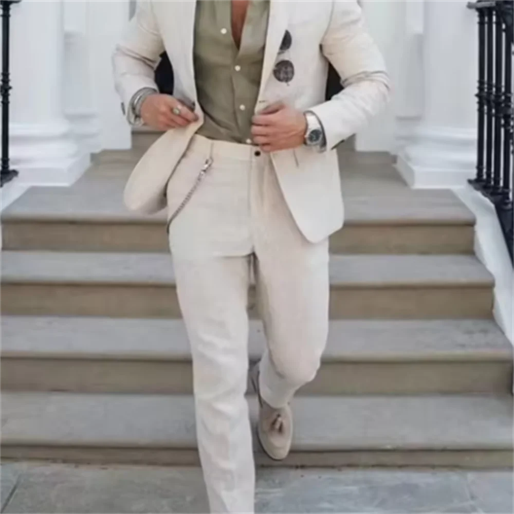 

Men's Linen Suit Elegant Party Dresses One-Button Notch Lapel Fitted Suit Blazer Summer Beach Wedding Parties Banquet