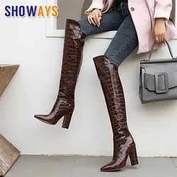 Big Size Winter Women Thigh High Boots Red Black Patent Leather Pointed Toe Block Heel Sexy Club Party Lady Long Over Knee Boots