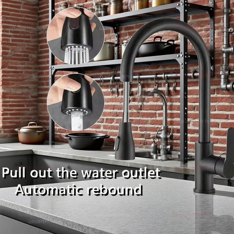 صنبور مطبخ من الفولاذ المقاوم للصدأ بفتحة واحدة صنبور سحب 360 صنبور خلاط حوض دوار مع رأس رش تدفق لسهولة التنظيف #5