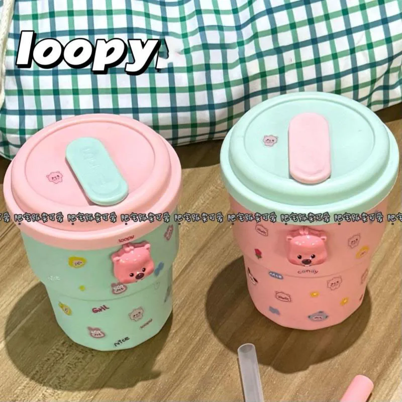 Kawaii Cute Loopy Little Beaver Water Cup Diy Stickers Ins Cartoon High Color Value Leak Proof Silicone Cute Girl Birthday Gift