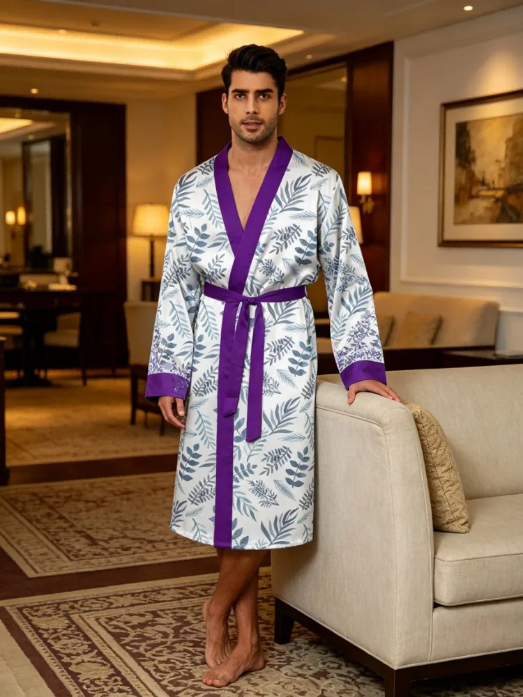 Men's lightweight quick-drying pajama bathrobe - 3D digital printing, non-fading design, stand-up collar and adjustable waistban