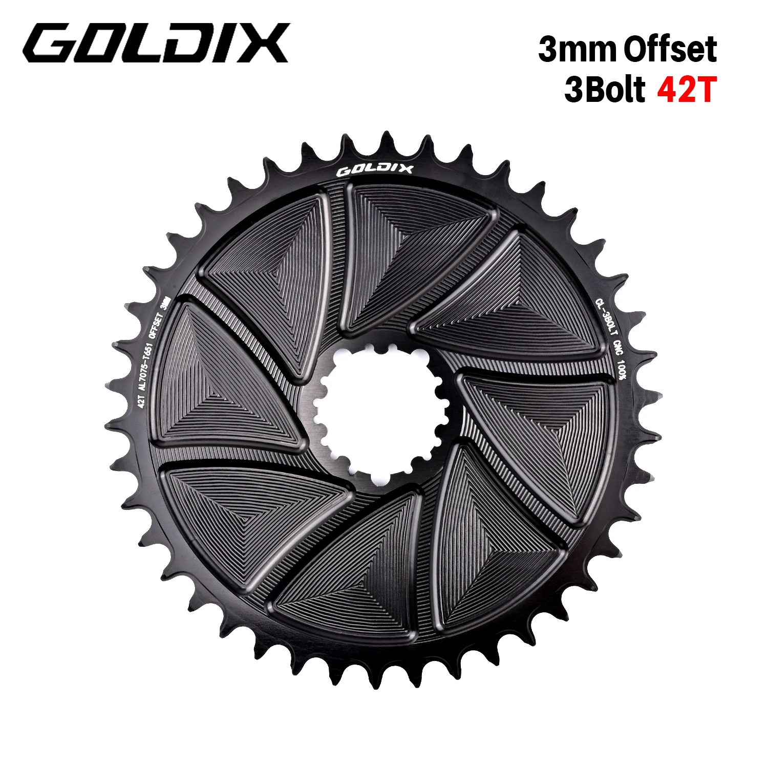 GOLDIX AERO Kettenblatt, 3-Loch, 3 mm Offset, Fahrradkettenblatt mit breiten und schmalen Zähnen, CNC-Hohlschnittbearbeitung für 3-Loch-Kurbelgarnitur