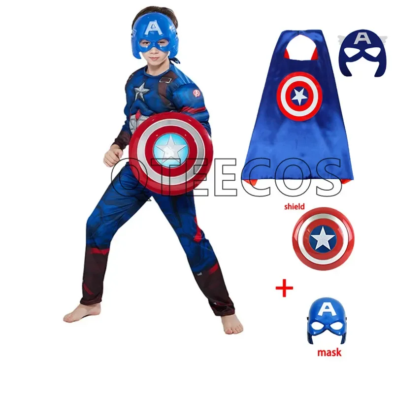 MINISO Captain America Muscle Costume Kids Superhero Cosplay Bodysuit Onesies Shield Suit Halloween Carnival Clothes for Child