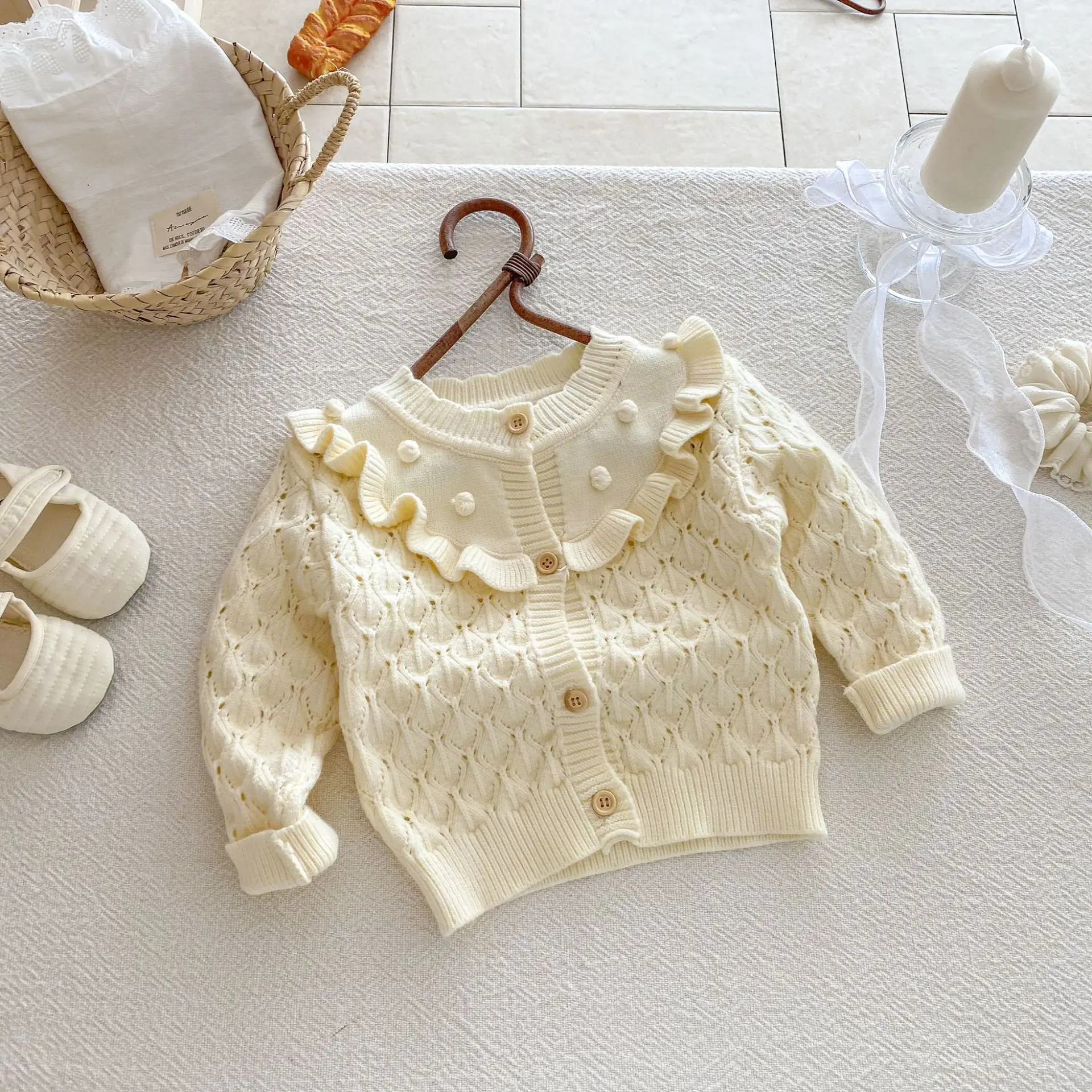 Korean Baby Knitted Sweater 2025 Autumn and Winter New Lotus Leaf Collar Girl's Hollow Out Knit Cardigan Coat