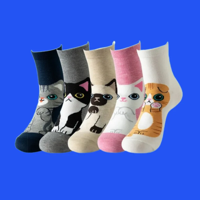 Calcetines de algodón de alta calidad para mujer, medias suaves y cómodas con diseño de gato de dibujos animados, regalo de Navidad, 5 pares, novedad de 2024