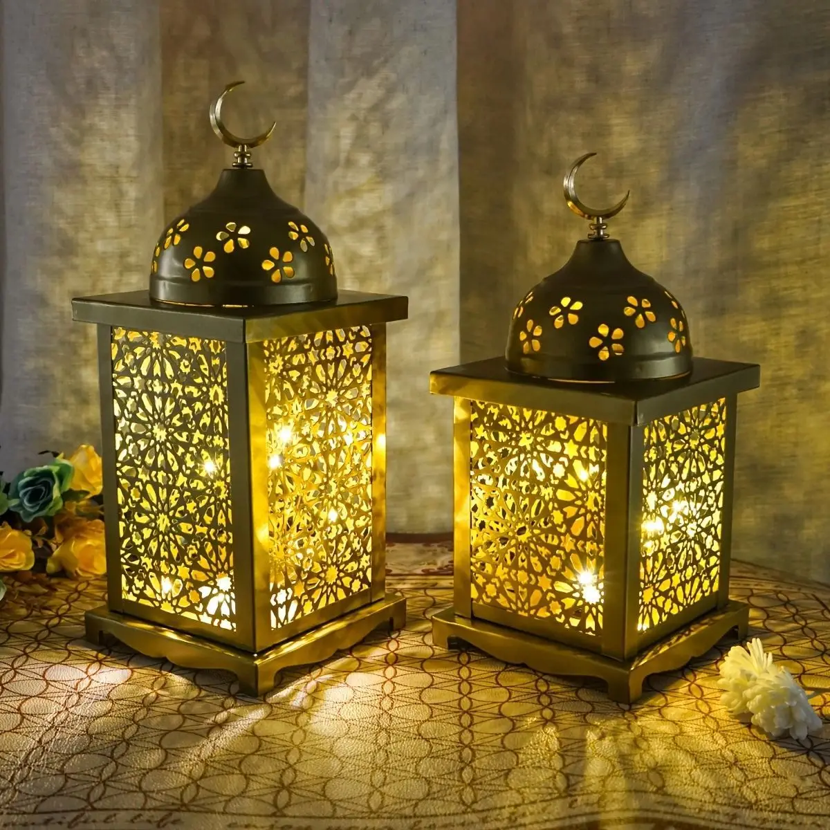 Factory Middle Eastern style wrought iron hollow led wind lamp portable night light festive atmosphere decoration
