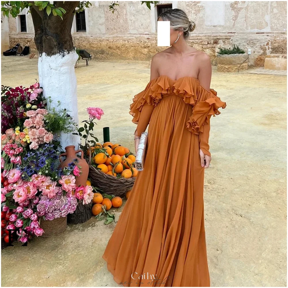 

Cathy Customized Orange Off Shoulder Ruffles Prom Dress A-line Floor-length vestidos de noiva Long Sleeves Formal Evening 2025