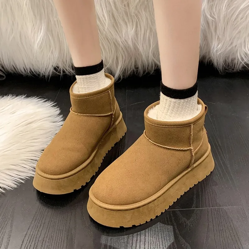 2024 New Autumn Women's Round Toe Comfortable and Fashionable Shallow Snow Boots Women's Suede Short-tube Warm Cotton Shoes