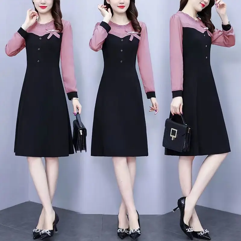 Vintage Black Patchwork Button Dress Round Neck Long Sleeve High Waist Slim Vestidos Korean Elegant Midi Dresses Women Autumn