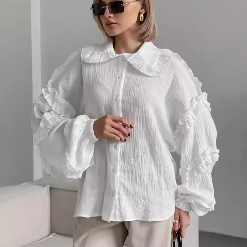 Fashion Women's Cotton Blouse Long Sleeve Autumn Winter Lantern Sleeve Ruffle Accent Loose Fit Chic Top Elegant Everyday Shirt