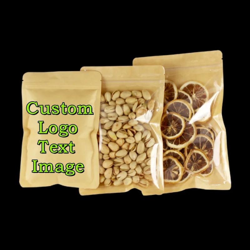 100PCS Flat Clear Front Kraft Paper Ziplock Bag DIY Matcha Snack Powder Beans Spice Gift Customize Logo Brand Packaging Pouches