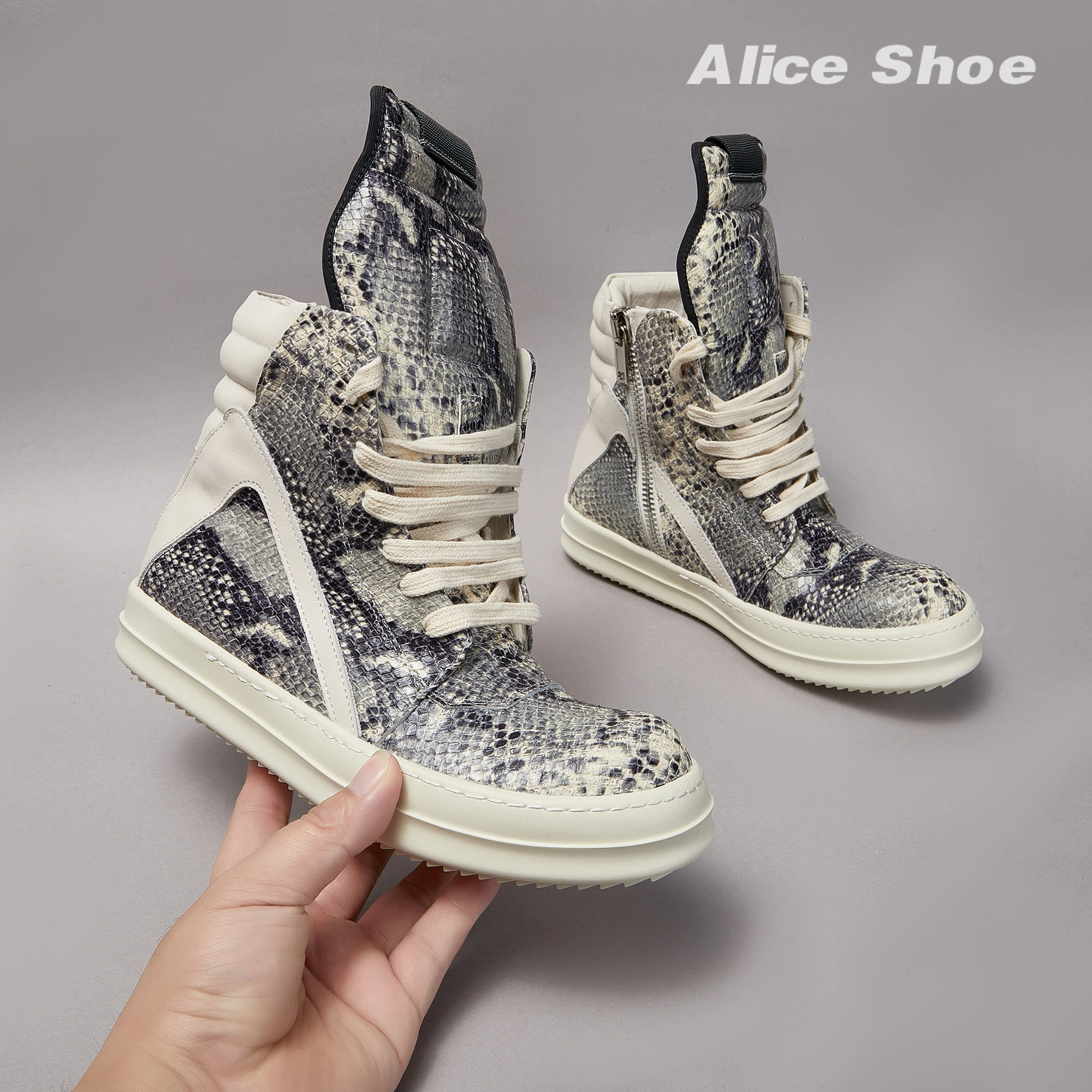 Ricks Men Ankle Boot Casual Leather High Top Women Sneaker Python-Embossed Flat Luxury owen Designer Thick-sole Grey Flat Shoe