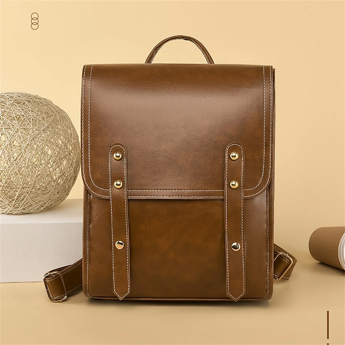 Vegan Leather Backpack Vintage Laptop Bookbag For Women Men, Brown Faux Leather Backpack Purse Bookbag Weekend Travel Daypack