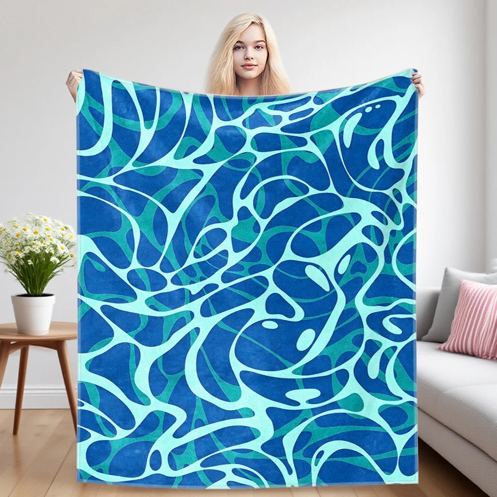 Couverture imprimée aux formes de liquides bleus, adaptée aux canapés-lits, aux bureaux, aux chaises de camping, aux voyages, aux couvertures en laine chaude