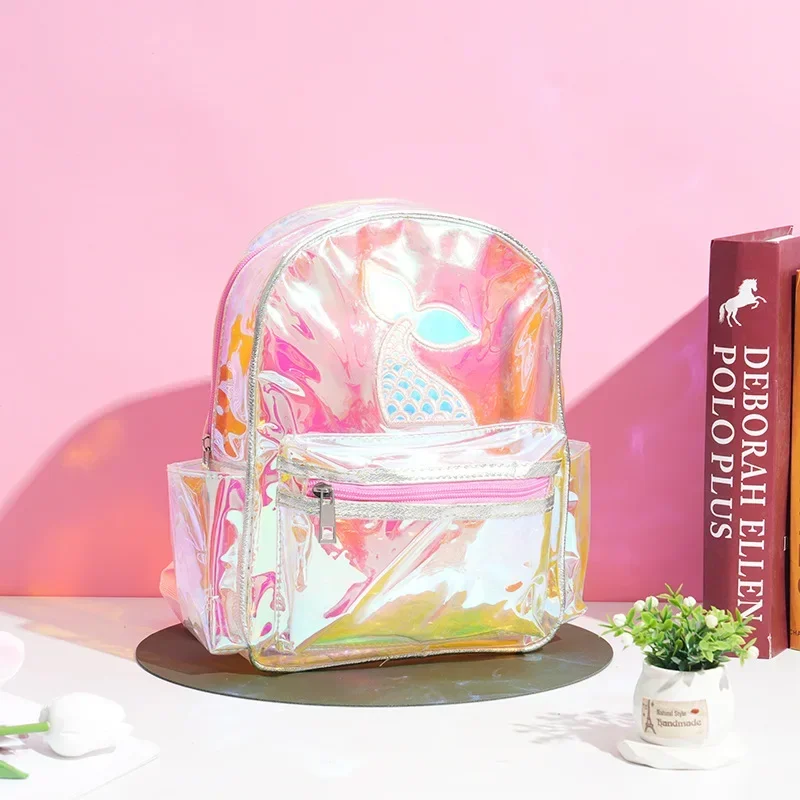 Kids Transparent Backpack Adjustable Shoulder Strap Waterproof Mermaid Fishtail Shell Girls Teenage School Book Bag Stationery