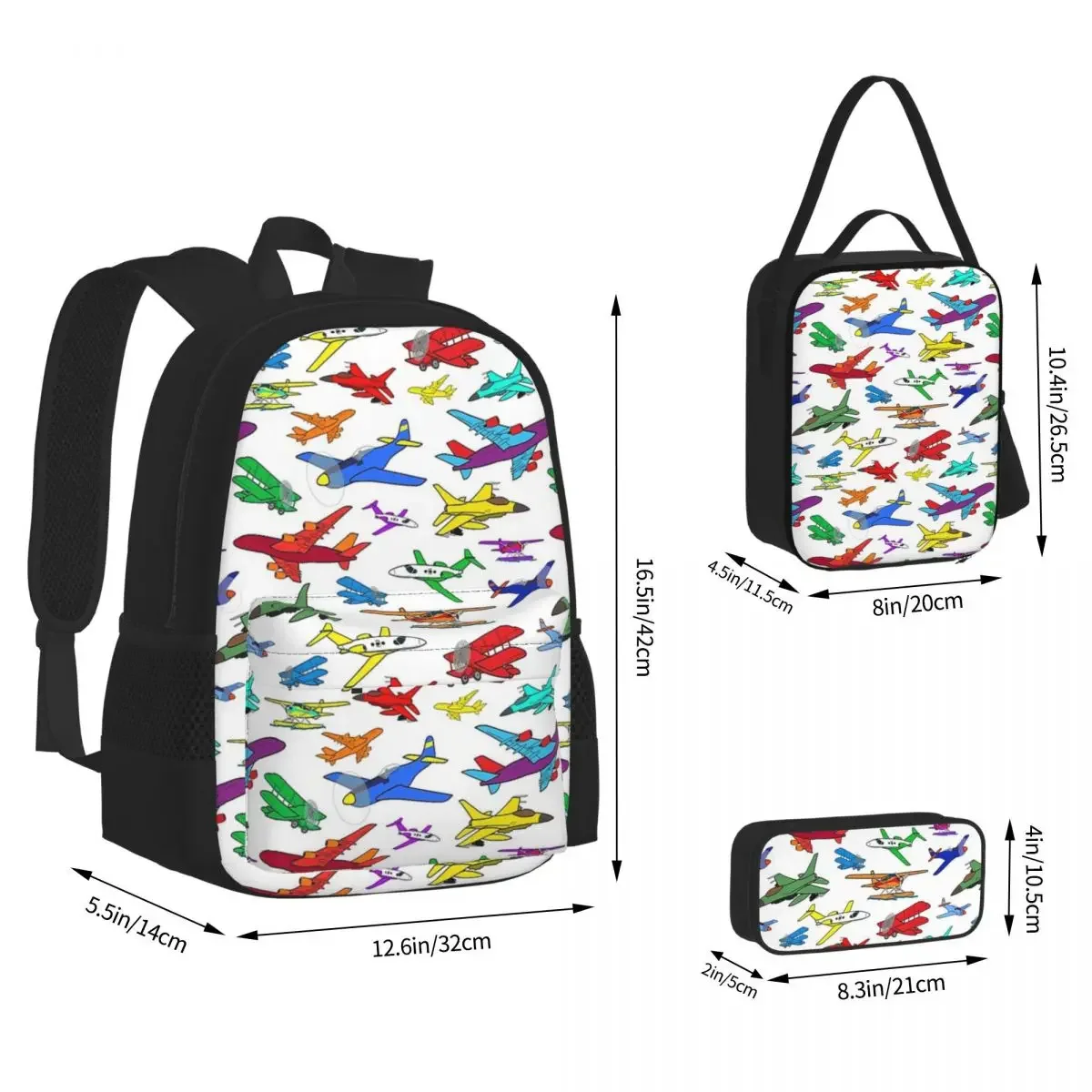 Aviões coloridos Mochilas para meninos e meninas, Sacos escolares infantis, Mochila Infantil, Lunch Bag, Pen Bag, Bookbag, 3 Piece Set