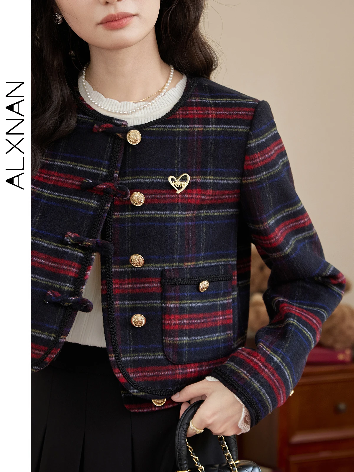 ALXNAN Vintage Gentle Tweed Jacket dla kobiet Trendy Red Blue Plaid Spliced O-neck Metal Button 2024 Jesienno-zimowa odzież wierzchnia L50615