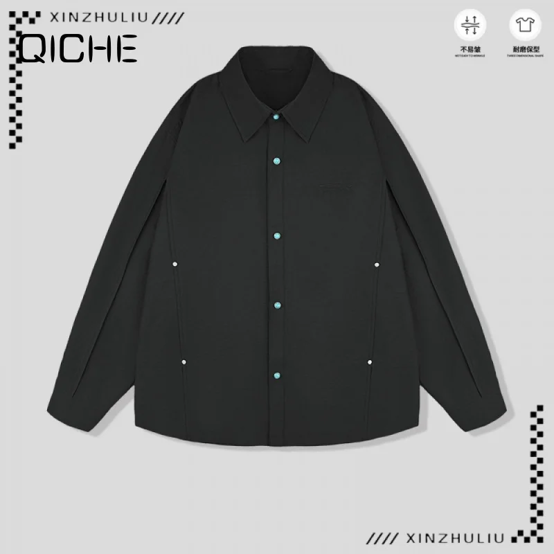 QICHE New Lightweight Embroidered Structured Lapel Shirt Jacket Solid Versatile Daily Outerwear