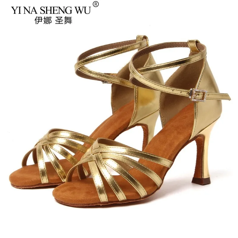 รองเท้าเต้นรำละตินสำหรับผู้หญิง พื้นนุ่ม รองเท้าเต้นบอลรูม แทงโก้ รองเท้าเต้นรำในร่ม สีทอง ส้นสูงแบบคิวบา 5ซม./7ซม./8ซม. รองเท้าเต้นรำสำหรับงานปาร์ตี้ ขายส่ง