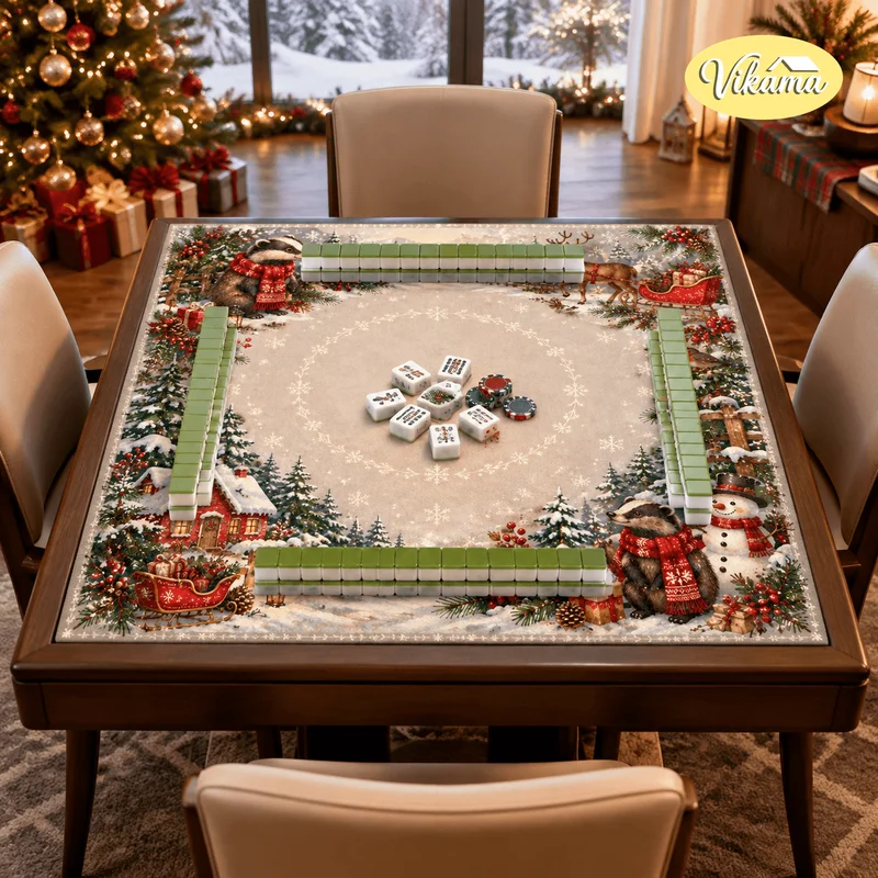 VIKAMA Christmas Mahjong Table Cover Snowman Reindeer Sleigh Cabin Pine Print Square Game Table Mat Holiday Party Cozy Decor