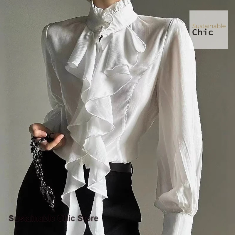 

French retro palace style ruffled shirt women's spring and autumn design sense chiffon stand-up collar western-style shirt