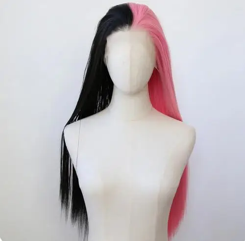 Half Black and Half Pink Synthetic Lace Front Wig Long Straight Synthetic Wig Pre Plucked Heat Resistant Hair Wig