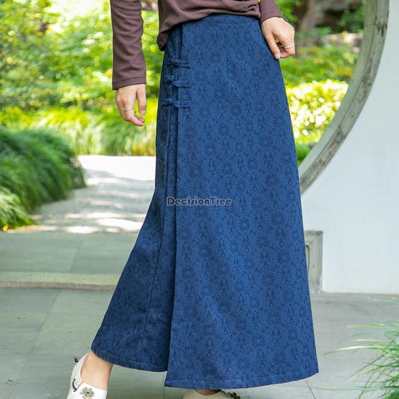 2025 spring new ethnic retro style vintage cotton linen jacquard half-length skirt women elastic waist long loose daily dress