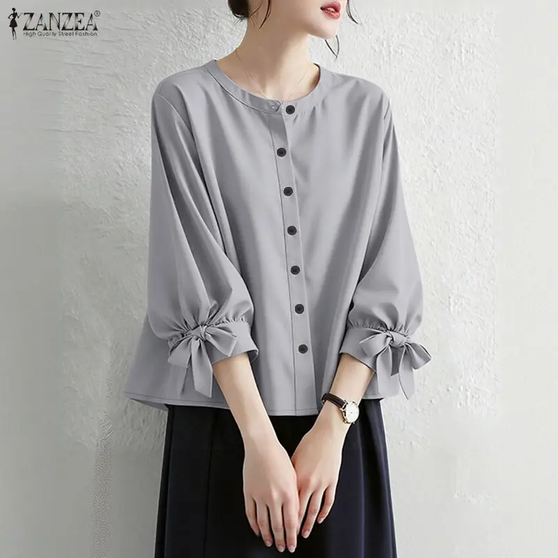 ZANZEA Women Buttons -Up Shirt Fashion O-Neck 3/4 Sleeve Bow Tie Cuff Blouse Summer Autumn Elegant Casual Office Work Solid Tops