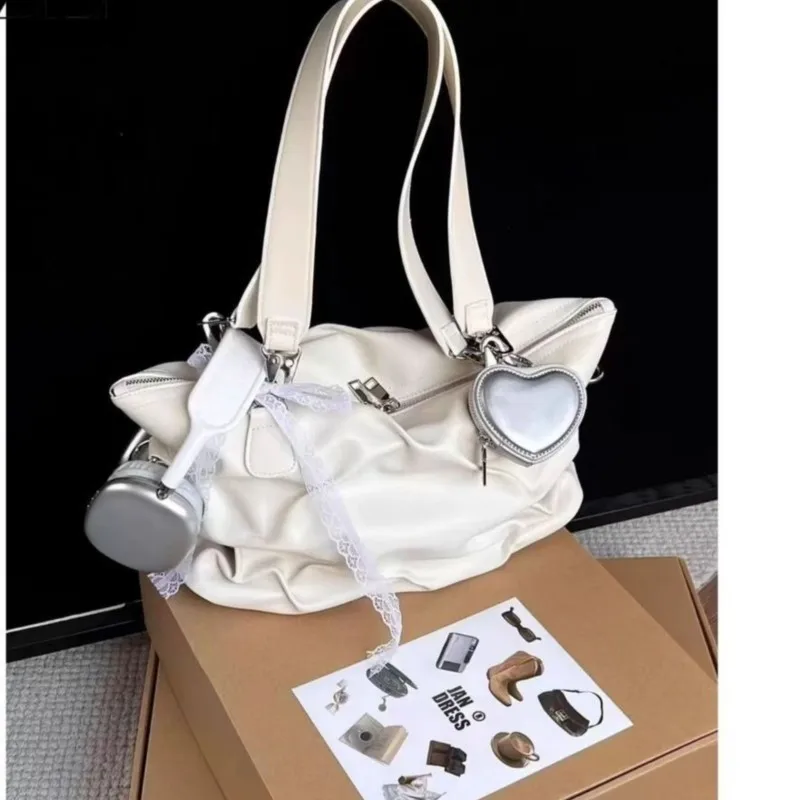 

JIAERDI Retro Pu Leather Beige Shoulder Bags Wallet Women High Street Folds Casual Handbag Y2k Hot Girls Large Capacity Tote Bag