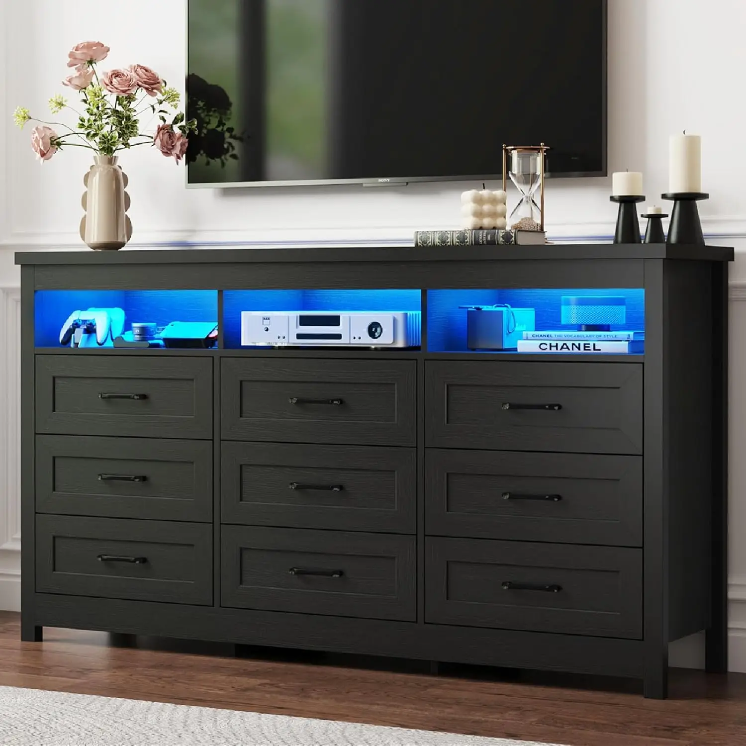 

Farmhouse 9 Drawer Dresser with LED Lights, 63' Wide Large Chest of Drawers for Bedroom, Modern Wood