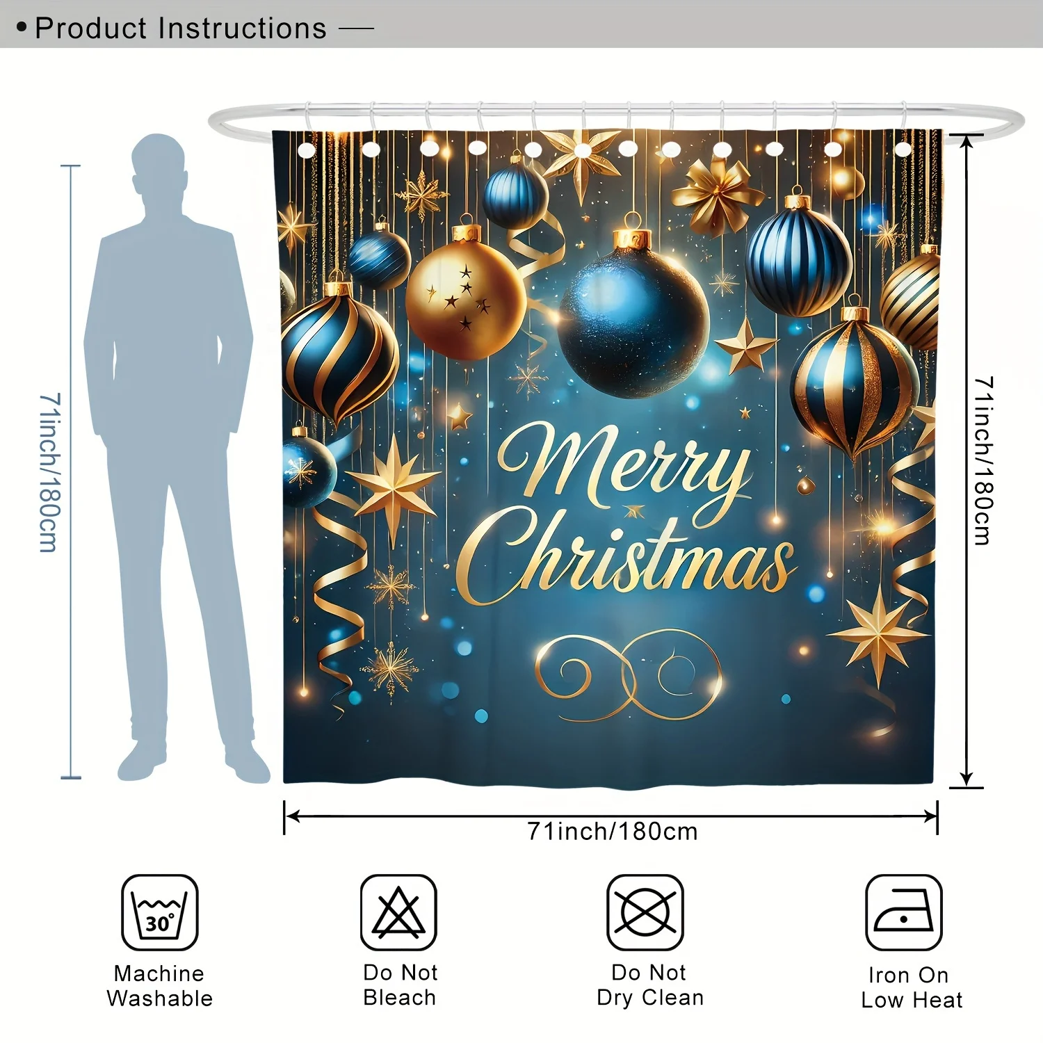 4Pcs Xmas Bath Set – Blue Gold Ball, Shower Curtain, 12 Hooks, Non-Slip Mat, U-Cover, Holiday Decor