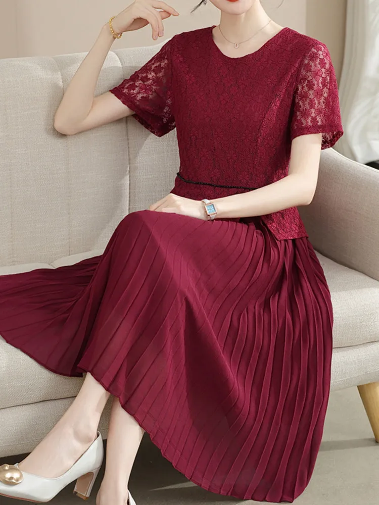 エレガントなウェディングドレス-レディース-夏-ファッション-ゆったり-ロングスカート-ビーズとレース素材で飾られた-ラウンドネック-ミディ丈ドレス