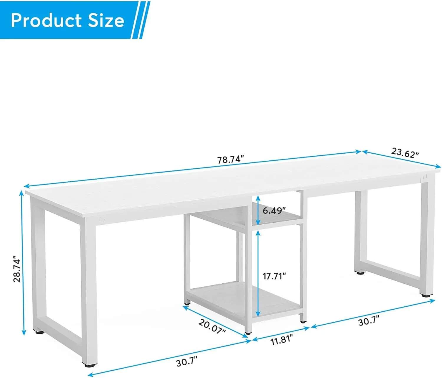 Mesa de computador de 78 polegadas, mesa de escritório extra grande para duas pessoas com prateleira, mesa de estação de trabalho dupla para escritório doméstico (branca)