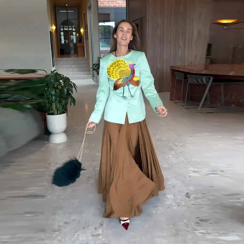 Mäntel mit Pfauenstickerei und Taillenbund für Damen, elegante, langärmlige, getäfelte, schmale Jacken mit Rundhalsausschnitt, schicke Damen-Oberbekleidung für den Arbeitsweg – Detail 11