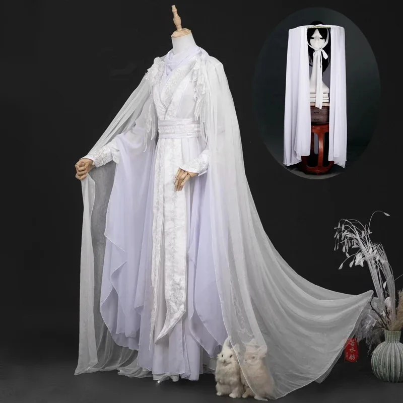 Bendición oficial del cielo Xie Lian, pelucas de disfraz, accesorio de bambú, traje HanFu blanco, tela de Halloween, sombrero Tian Guan Ci Fu mb.3