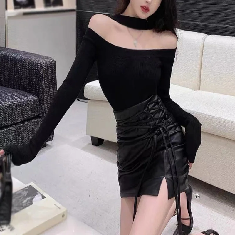 Women\'s Halter Neck Backless Slim Sweater Off Shoulder Knit Long Sleeve Tops Basic T Shirts