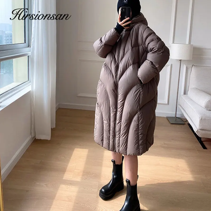 Hirsionsan Winter Long Solid Hooded Puffer Clothing Women Loose Casual White Duck Down Jackets Retro Streetwear Simple Warm Coat