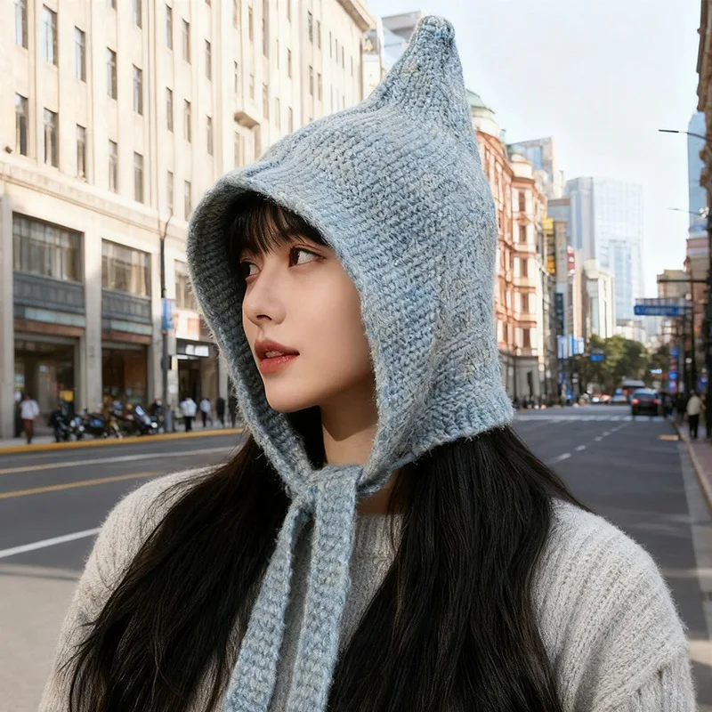 Balaclava Hat Big Head Circumference Yarn Hat Sky Blue Milk Blue Knitted Scarf Cover Hat One-piece Hooded Scarf