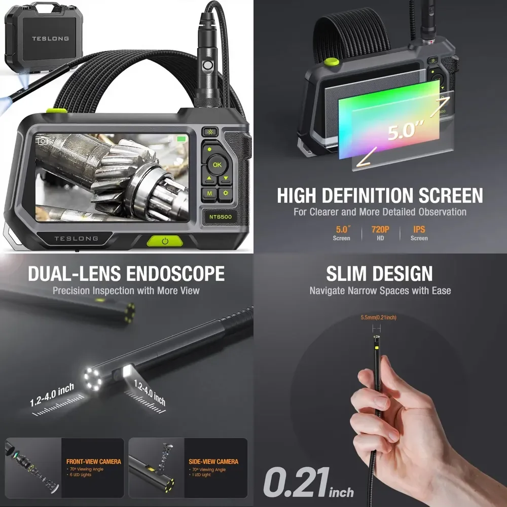 

WAP01 Dual Lens Industrial Waterproof Borescope Inspection Camera 5-Inch IPS LCD Screen 9.8FT Probe 720p Video Micro SD Card