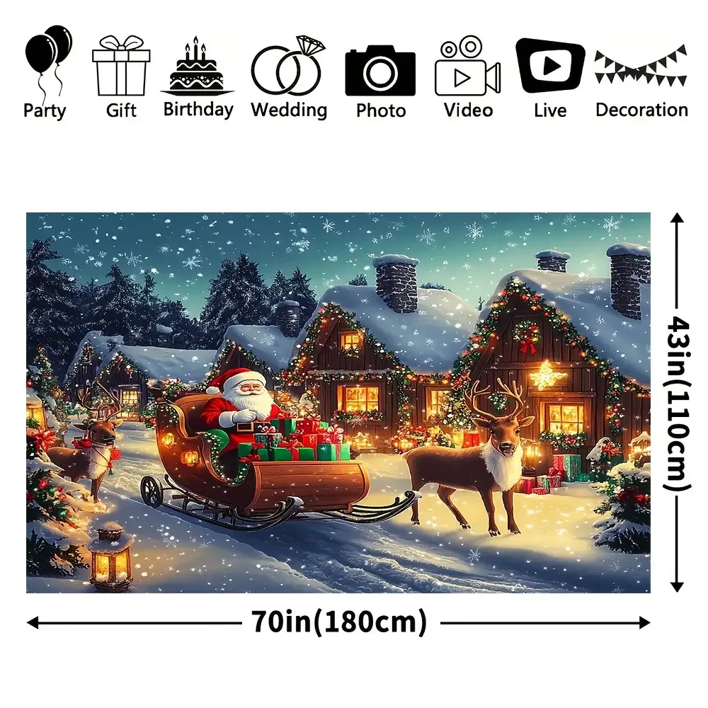 A Polyester Christmas Backdrop Measuring 70.8X90.5 Inches Featuring a Scene with Santa'S Sleigh And Reindeer, Suitable for Decor