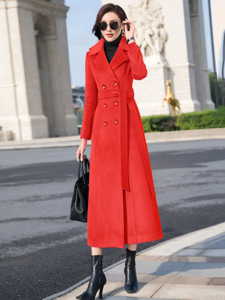 New Women Long Woolen Coat Autumn Winter Fashion Simplicity Double Breasted Slim Wool Blends Overcoat Thicken Warm Outerwear