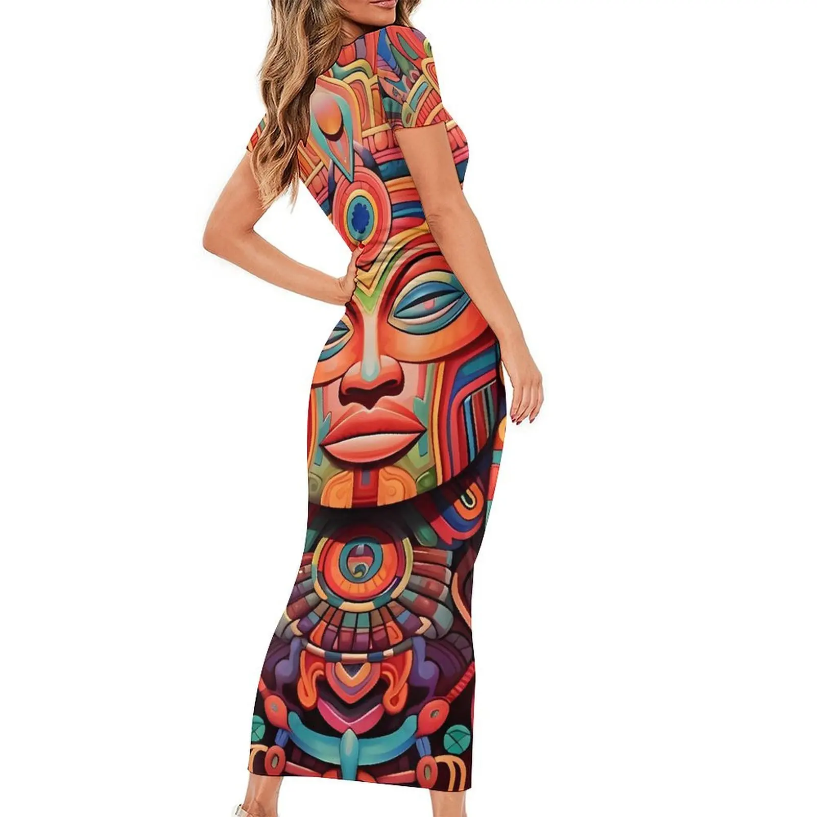 Abstract Aztec Art Bodycon Dress Womens  Retro Maxi Dresses Summer Short Sleeve Aesthetic Graphic Oversize Dress